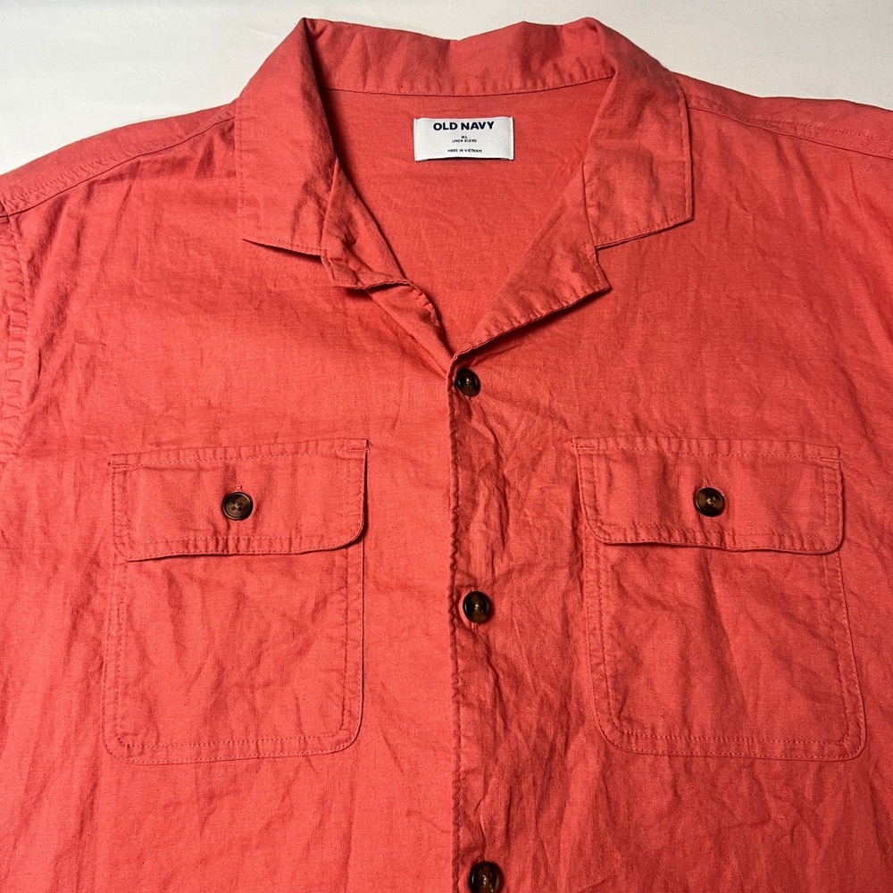 Old Navy Linen Blend Camp Shirt Button Up Short Sleeve Pockets Coral XL